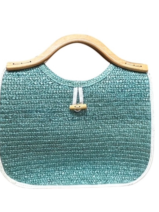 Handbags - Coastal Grandma Woven Straw Bag Aqua Blue Wooden Handle Resort Beach Purse